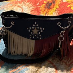 Stylish Black, Red, and Cream Fringed Shoulder Bag